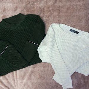 [2-Piece] Cropped Knit Sweaters | White + Green